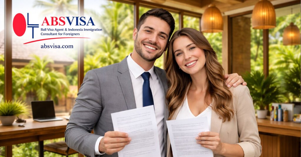 Couple registering a company in Indonesia at a modern Bali office holding legal documents