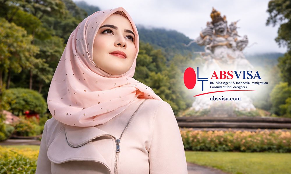 Turkish woman in Bali park with statue background
